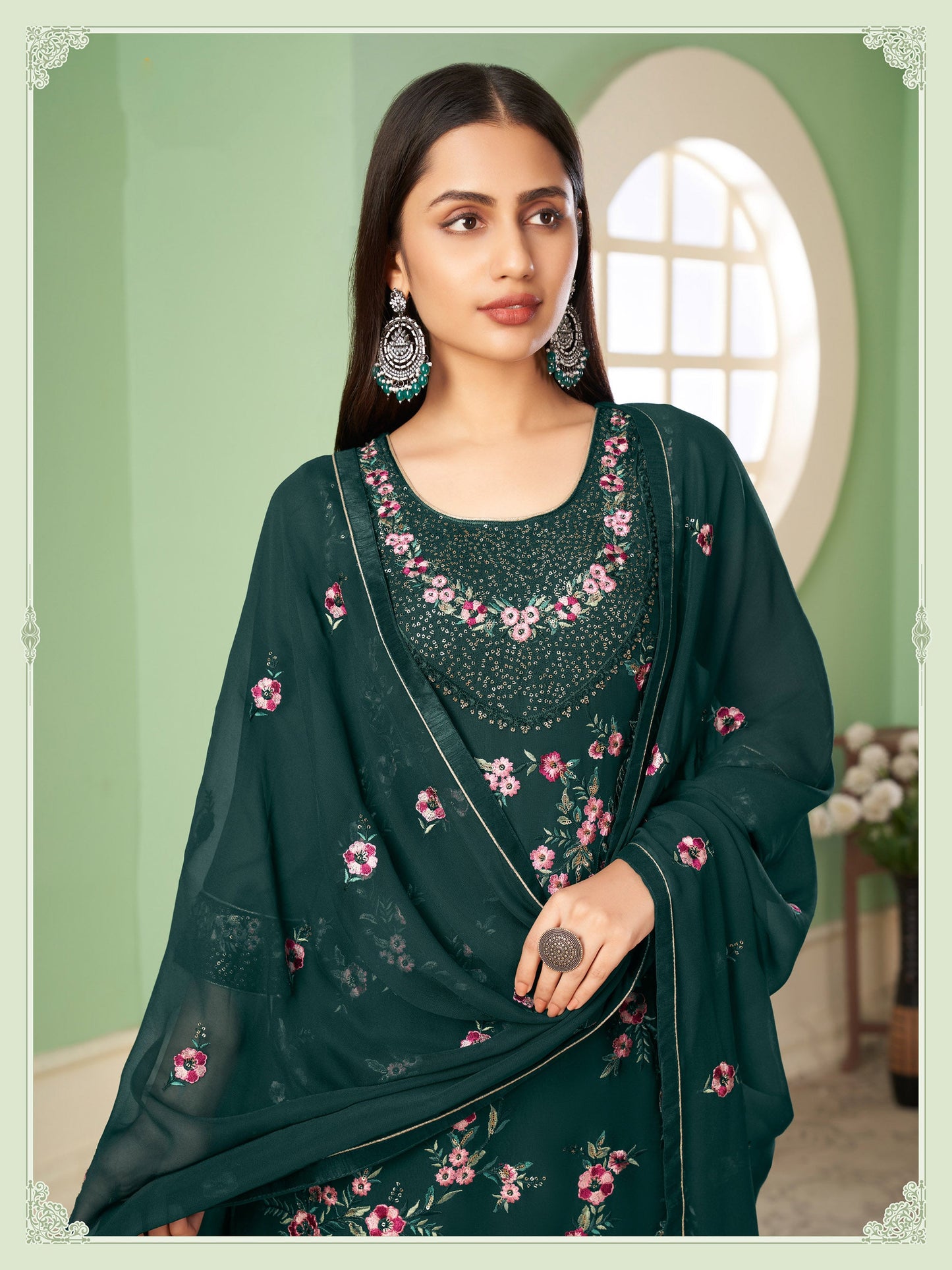 Green Sangeet Sharara Floral Embroidered Straight Cut