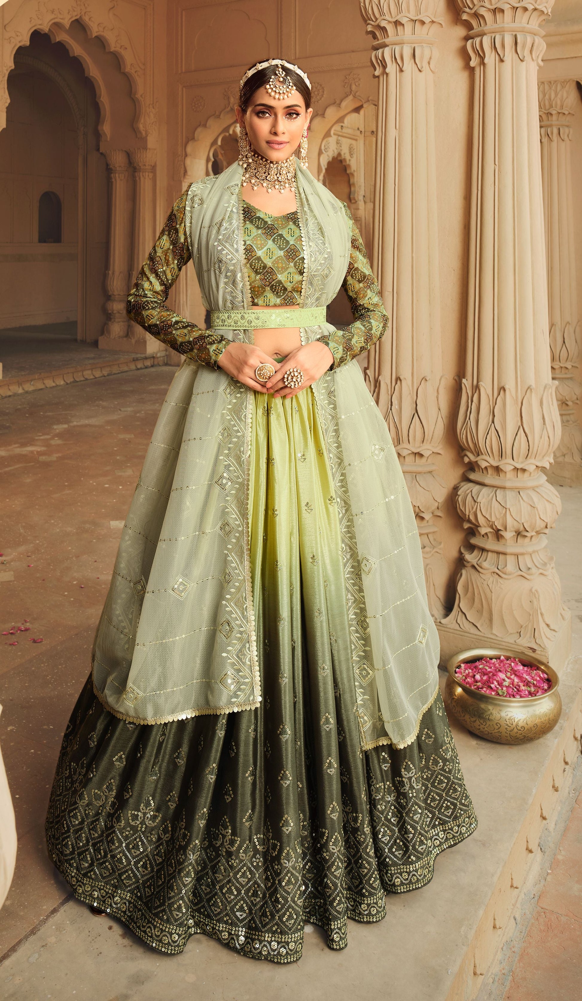 Green Color Silk Lehenga Set