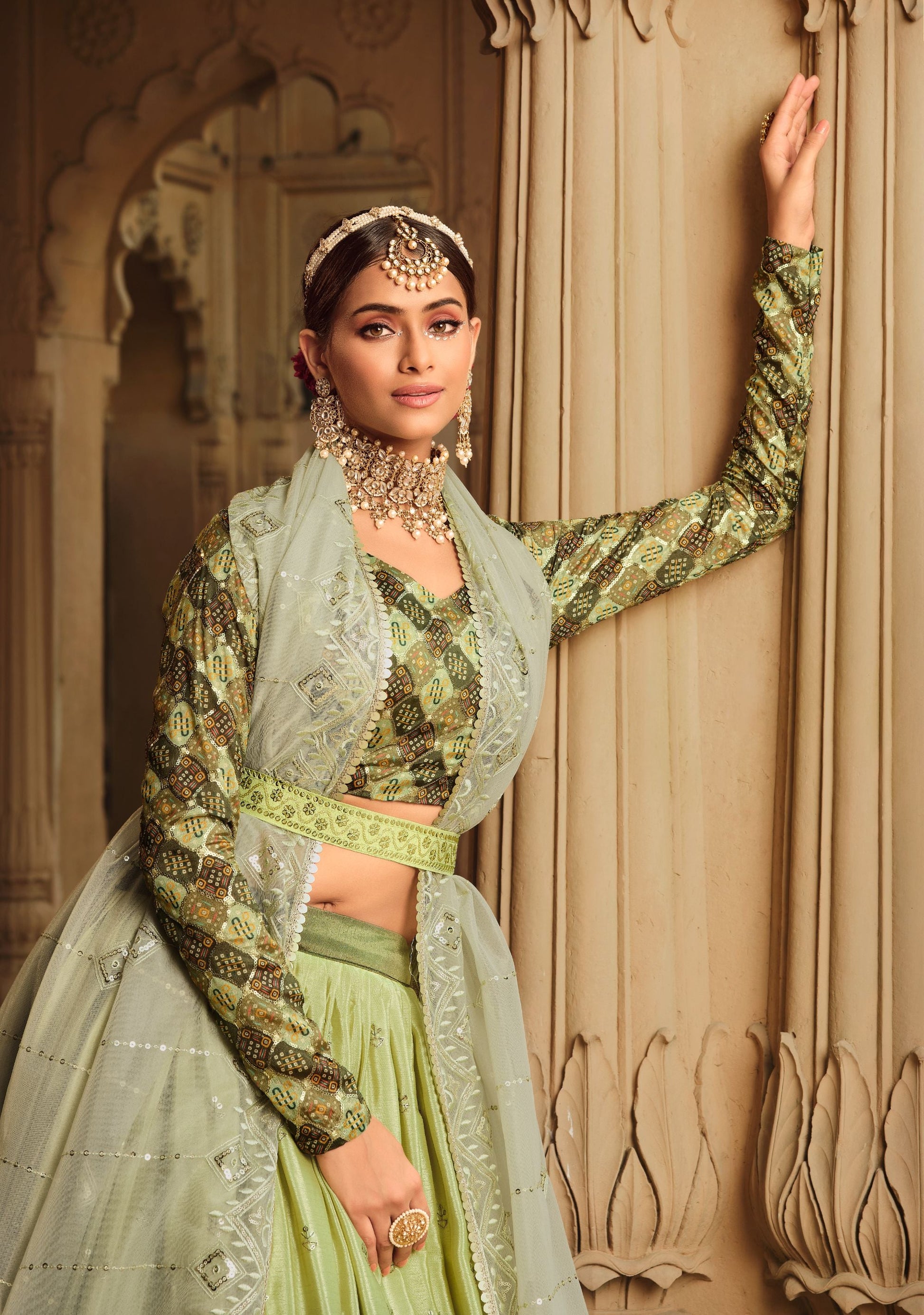 Green Color Silk Lehenga Set