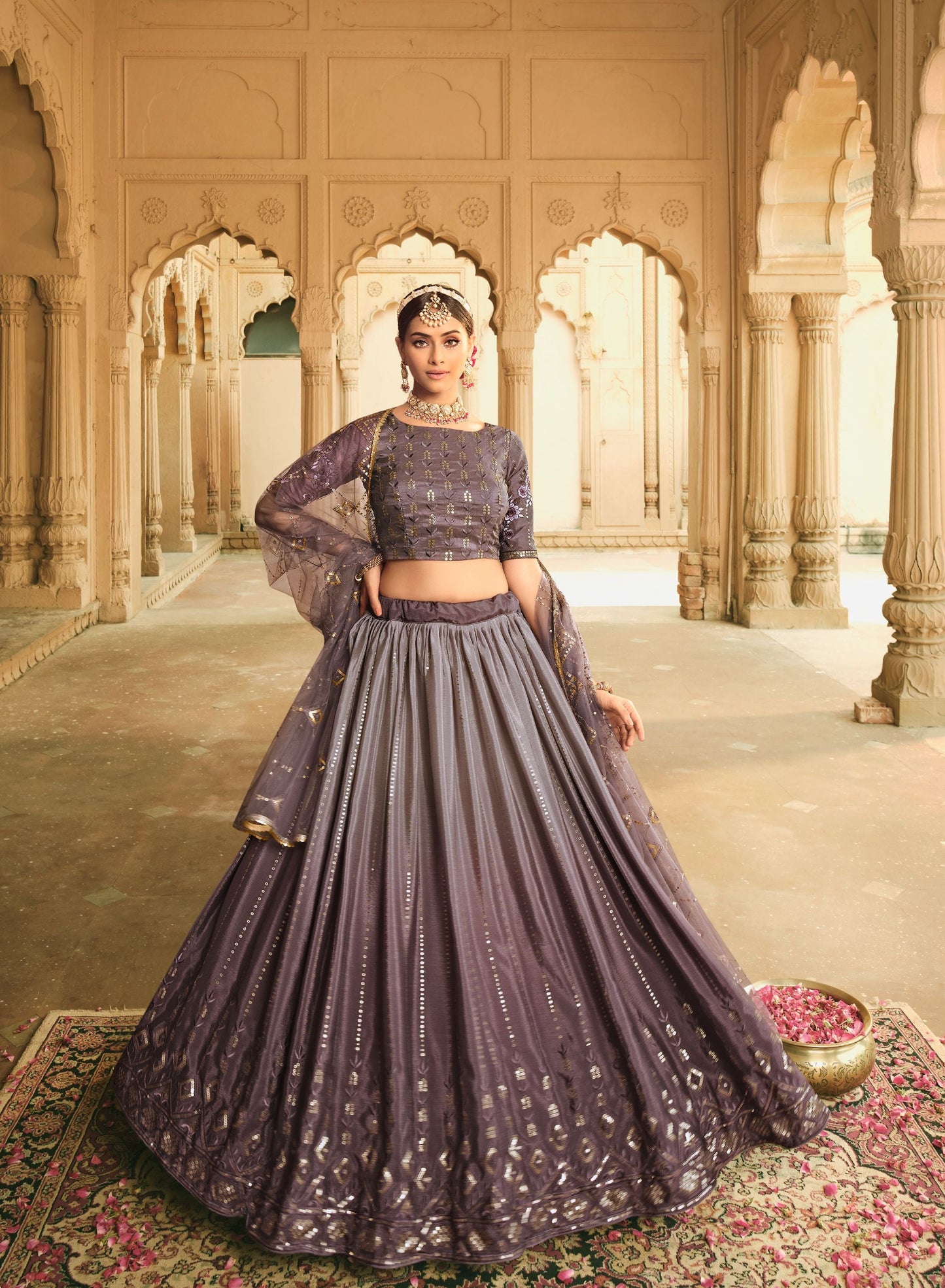 Purple Sequins Work Silk Wedding Guest Lehenga 2165