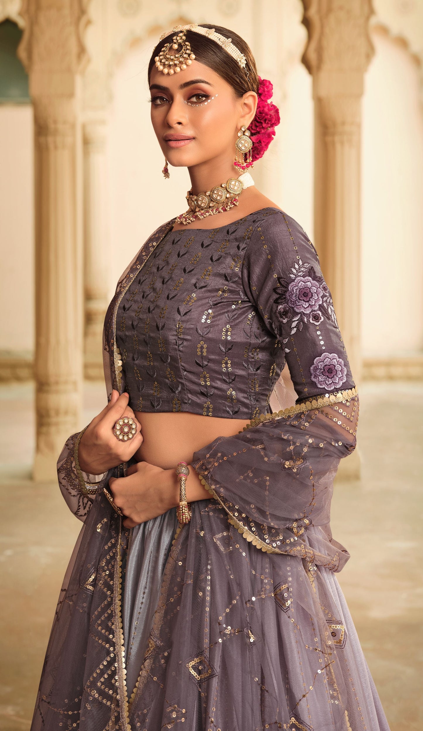 Purple Sequins Work Silk Wedding Guest Lehenga 2165