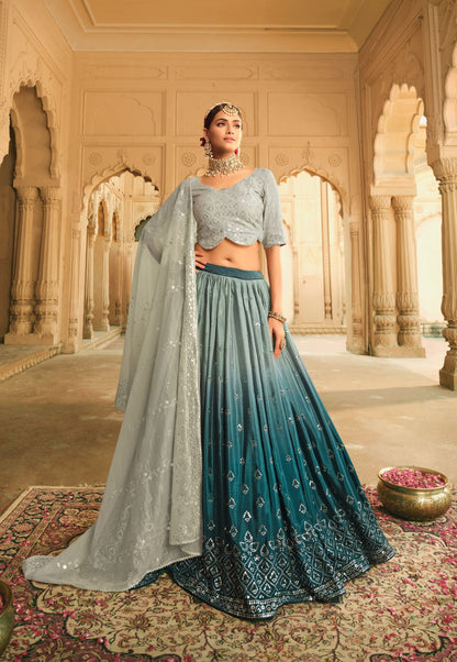 Grey and Blue Embroidered Lehenga for Mehendi 2168