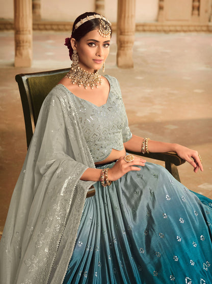 Grey and Blue Embroidered Lehenga for Mehendi 2168