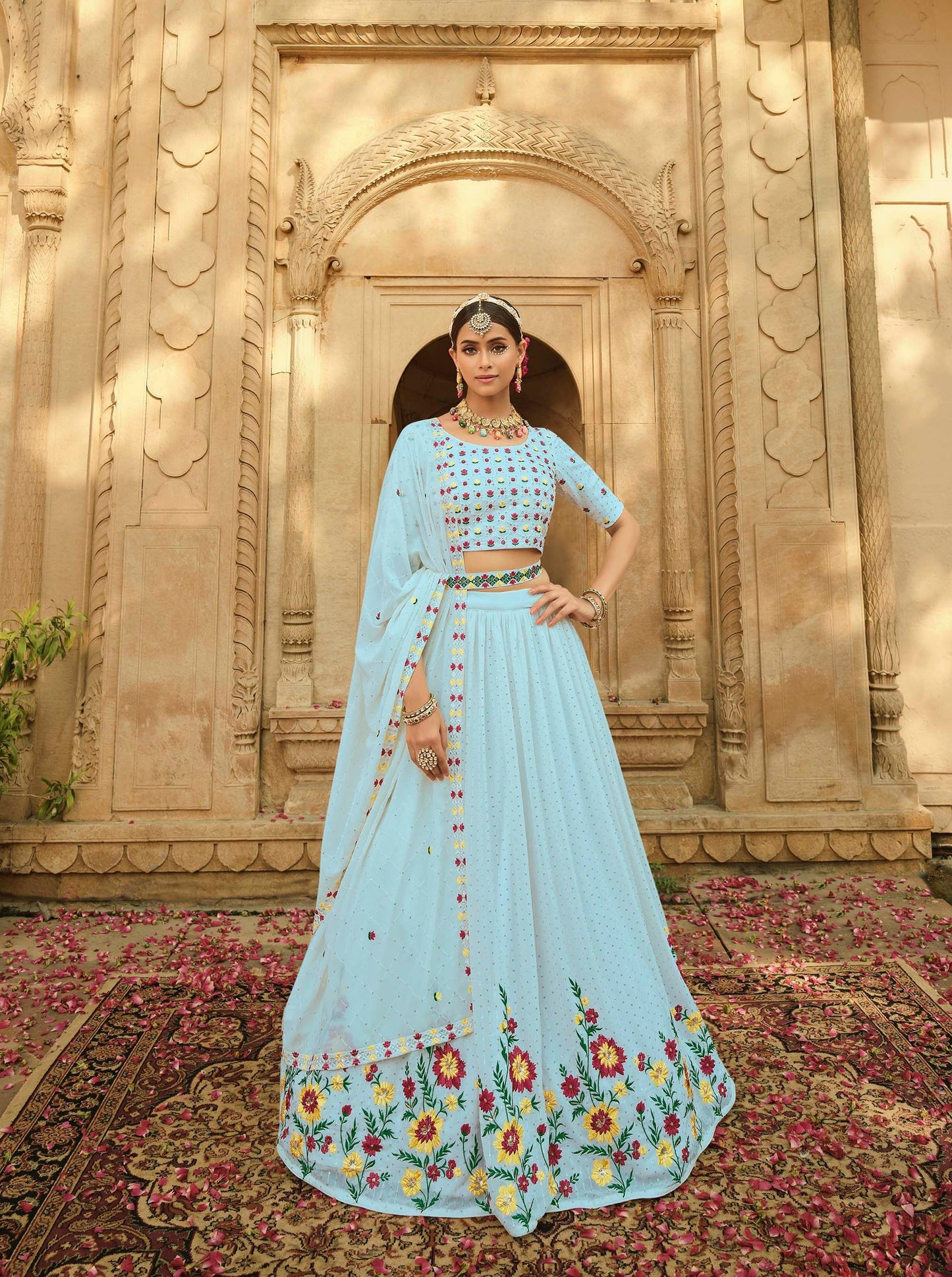 Sky Blue  Georgette Embroidery Sangeet Lehenga  For Rent