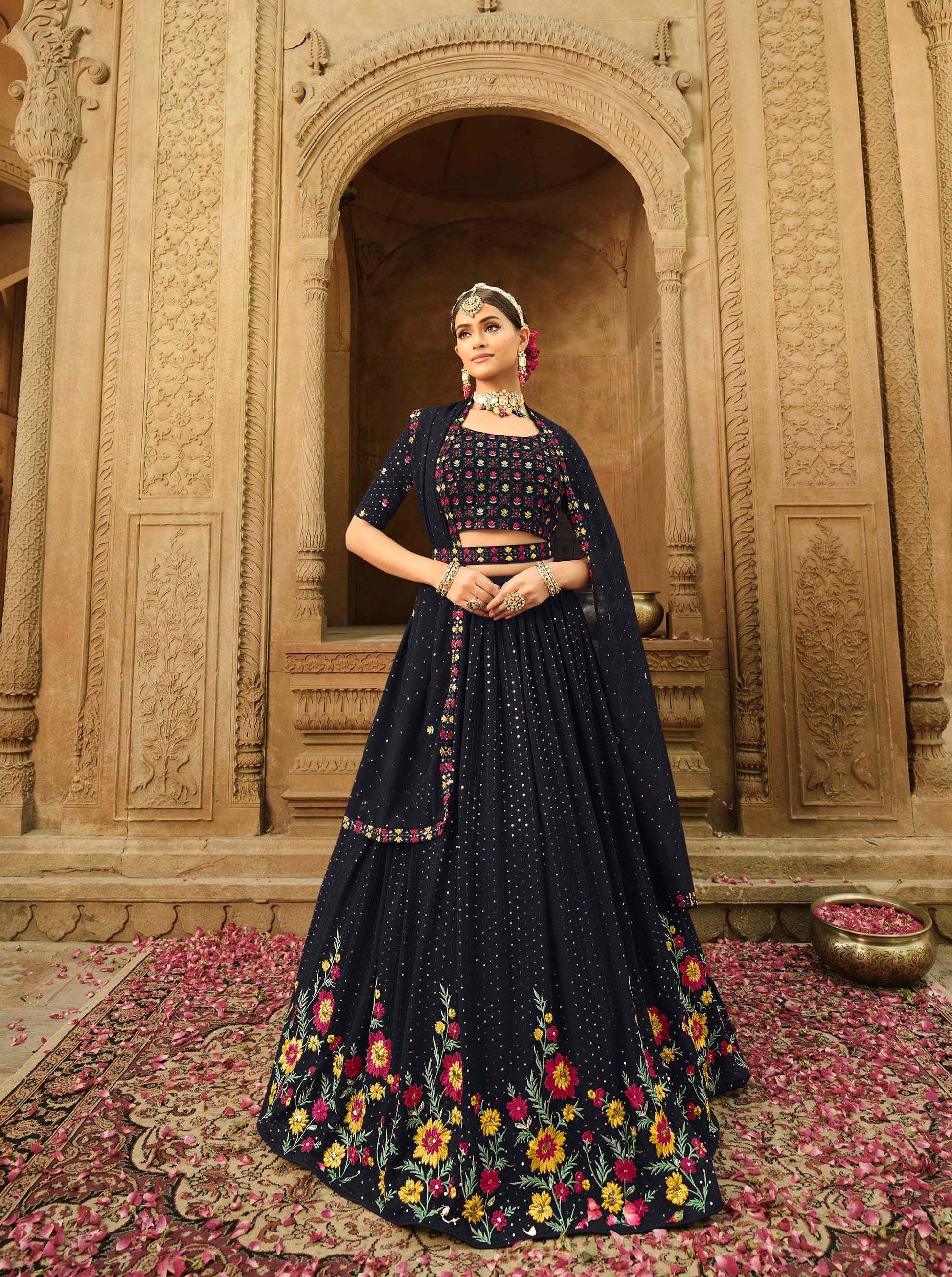 Navy Blue Embroidered Georgette Lehenga 2173