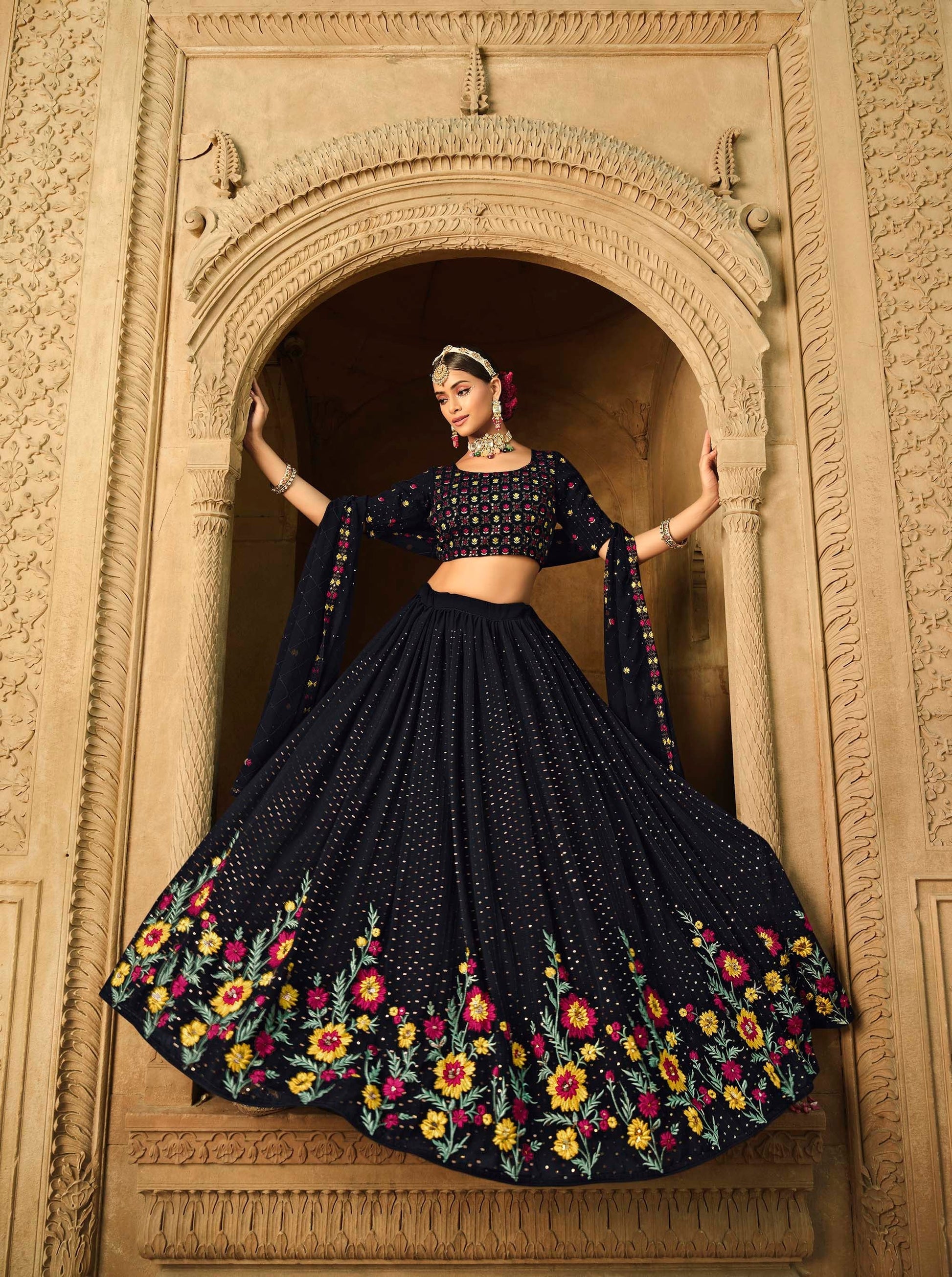 Navy Blue Embroidered Georgette Lehenga 2173