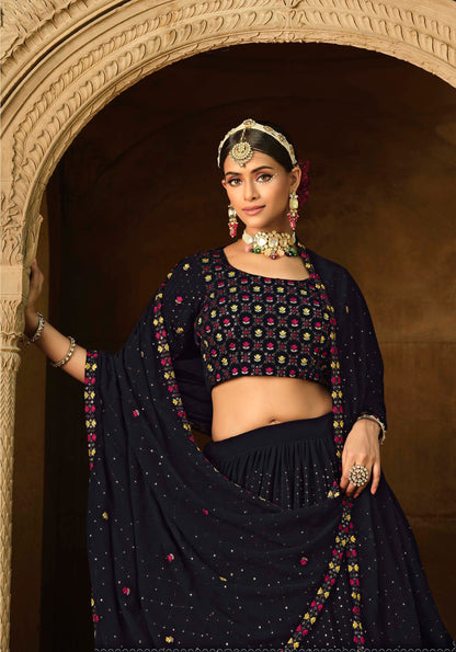 Navy Blue Embroidered Georgette Lehenga 2173