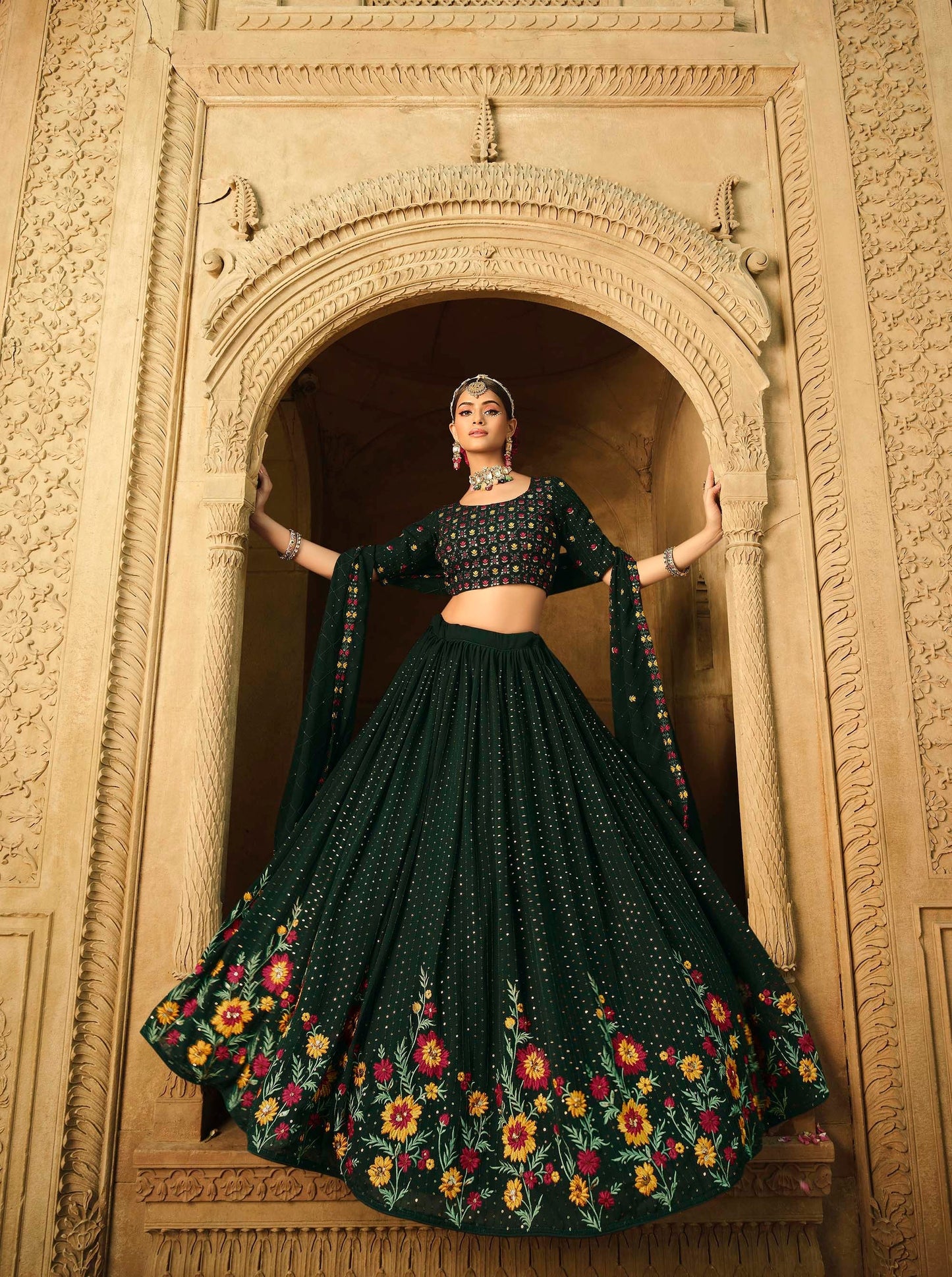 Stunning Green Color Embroidered Lehenga