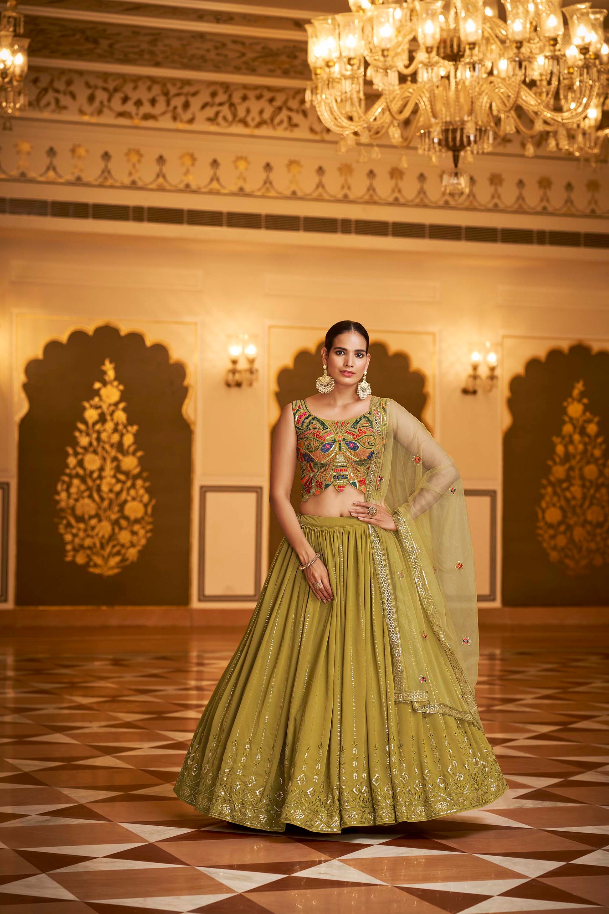 Splendid Green Georgette Sequins Lehenga