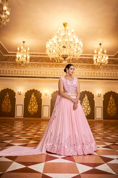 Fantabulous Pink Georgette Embroidered Lehenga