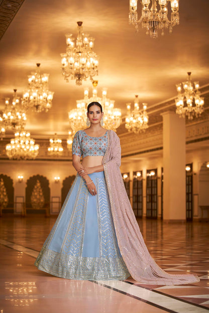 Delightful Sky Blue Georgette Party Wear Lehenga