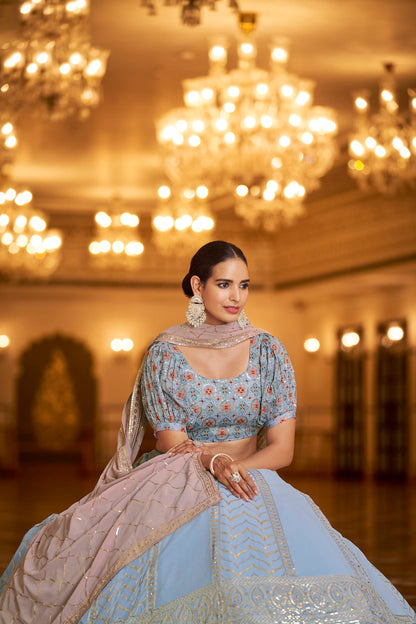 Delightful Sky Blue Georgette Party Wear Lehenga