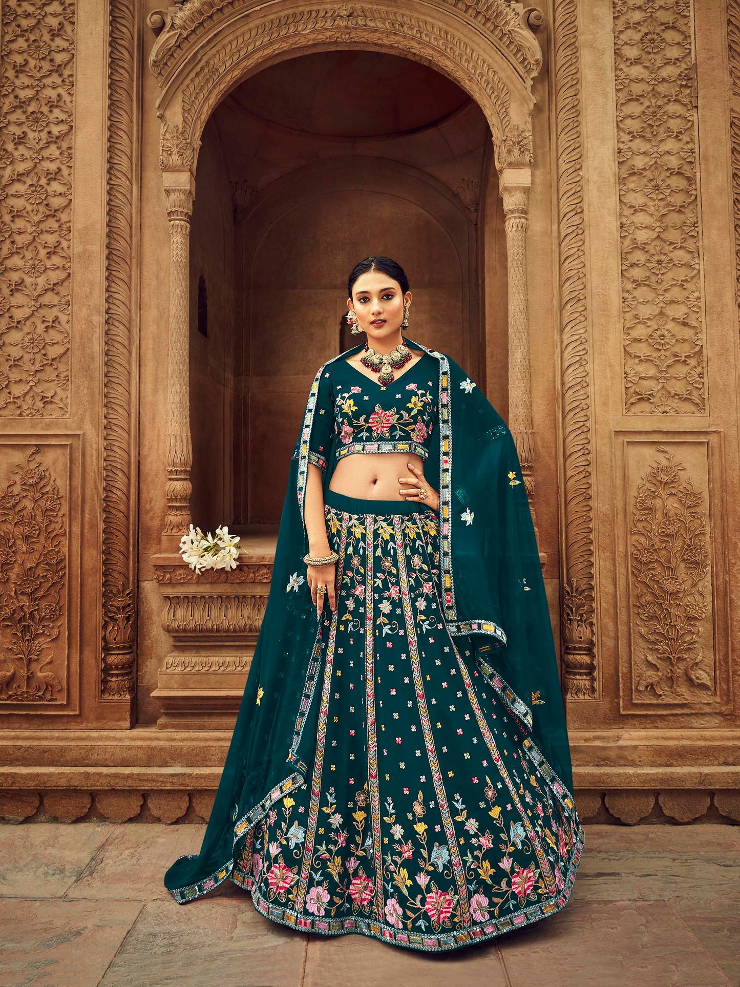 Teal Blue Georgette Sequins Embroidery Lehenga