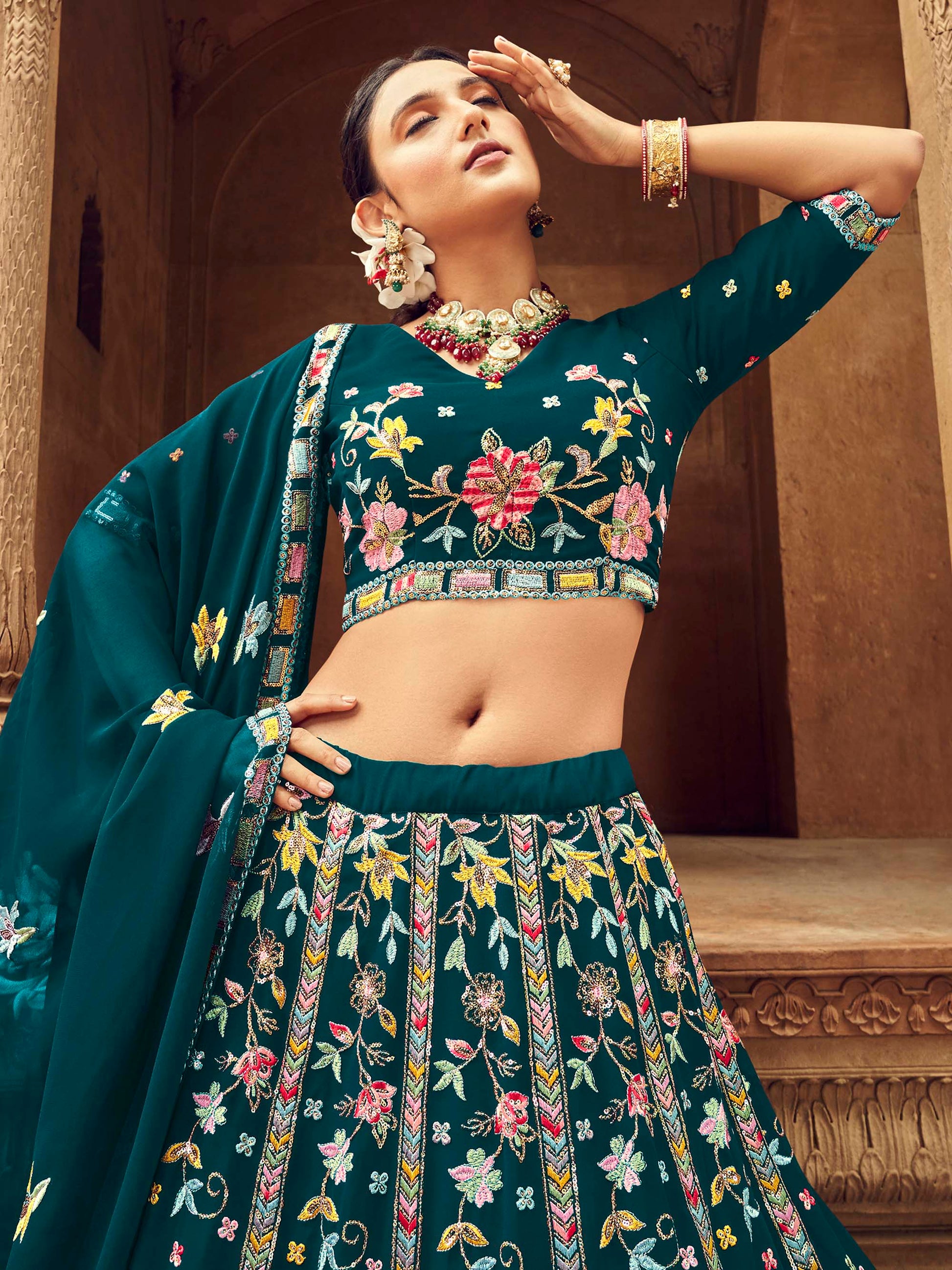 Teal Blue Georgette Sequins Embroidery Lehenga