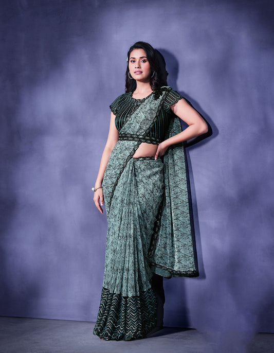 Pista Green Floral Embroidery Chiffon Lycra Saree