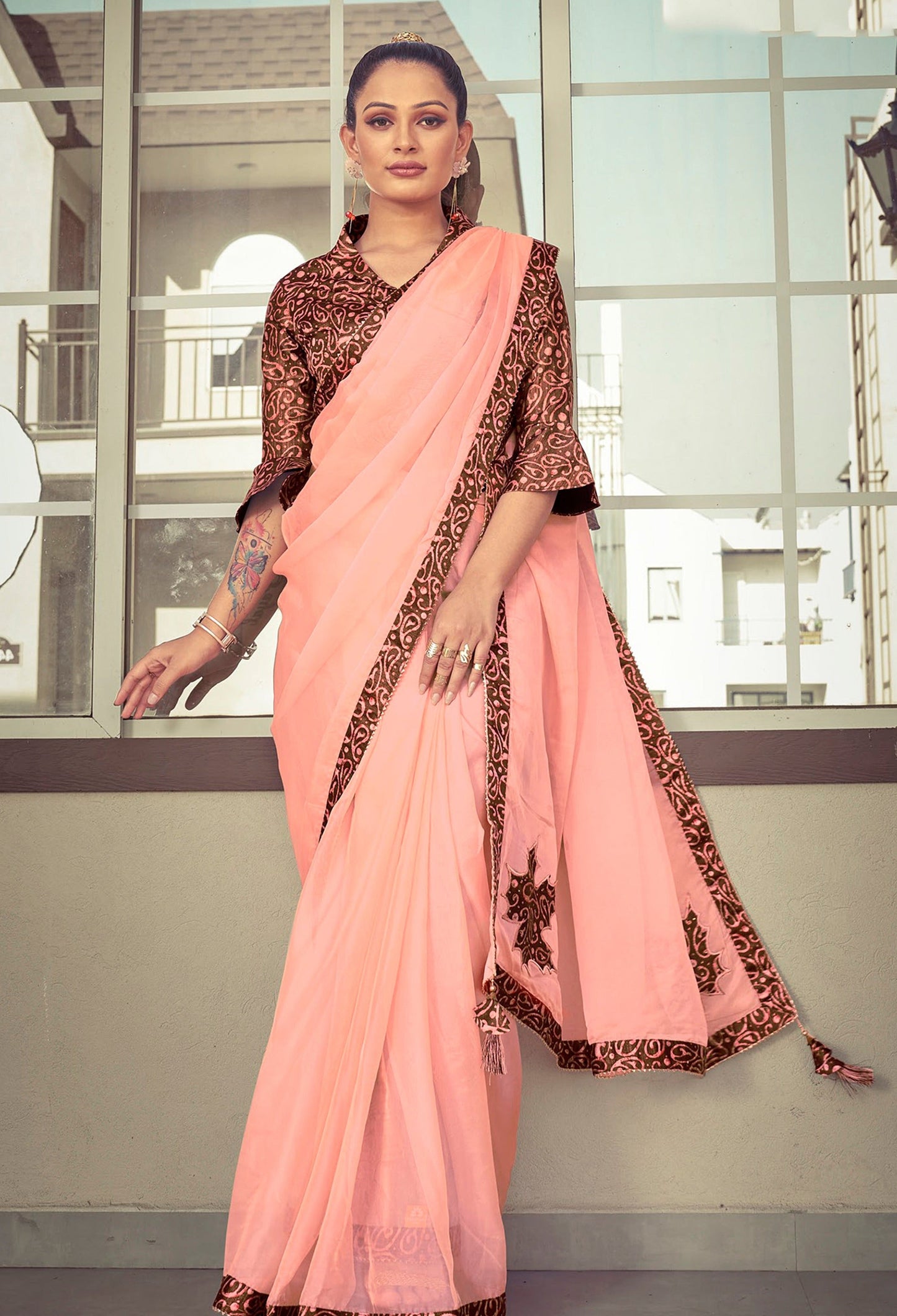 Peach Color Silk Tissue Printed Partywear Saree