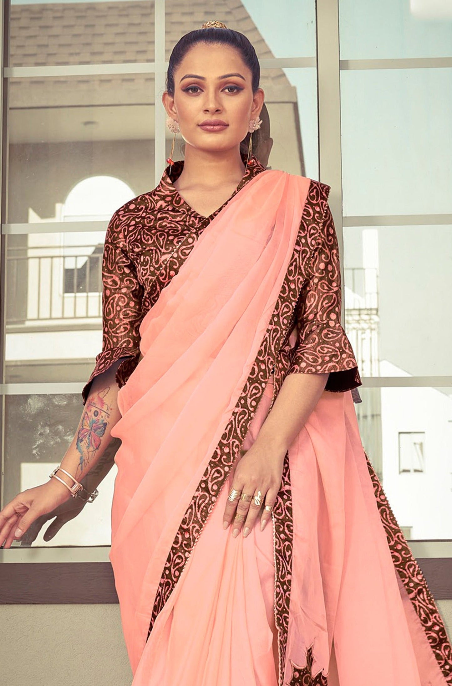 Peach Color Silk Tissue Printed Partywear Saree