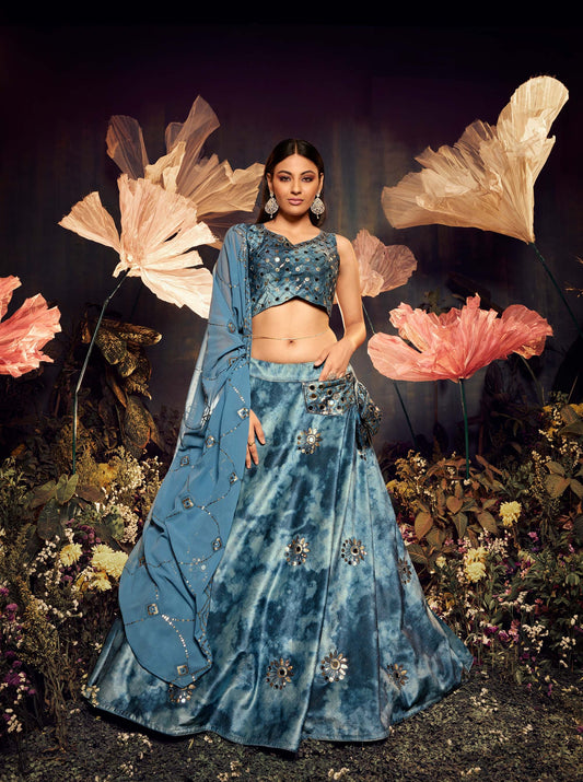 Sky Blue Velvet Sequence Work Lehenga for Cocktail