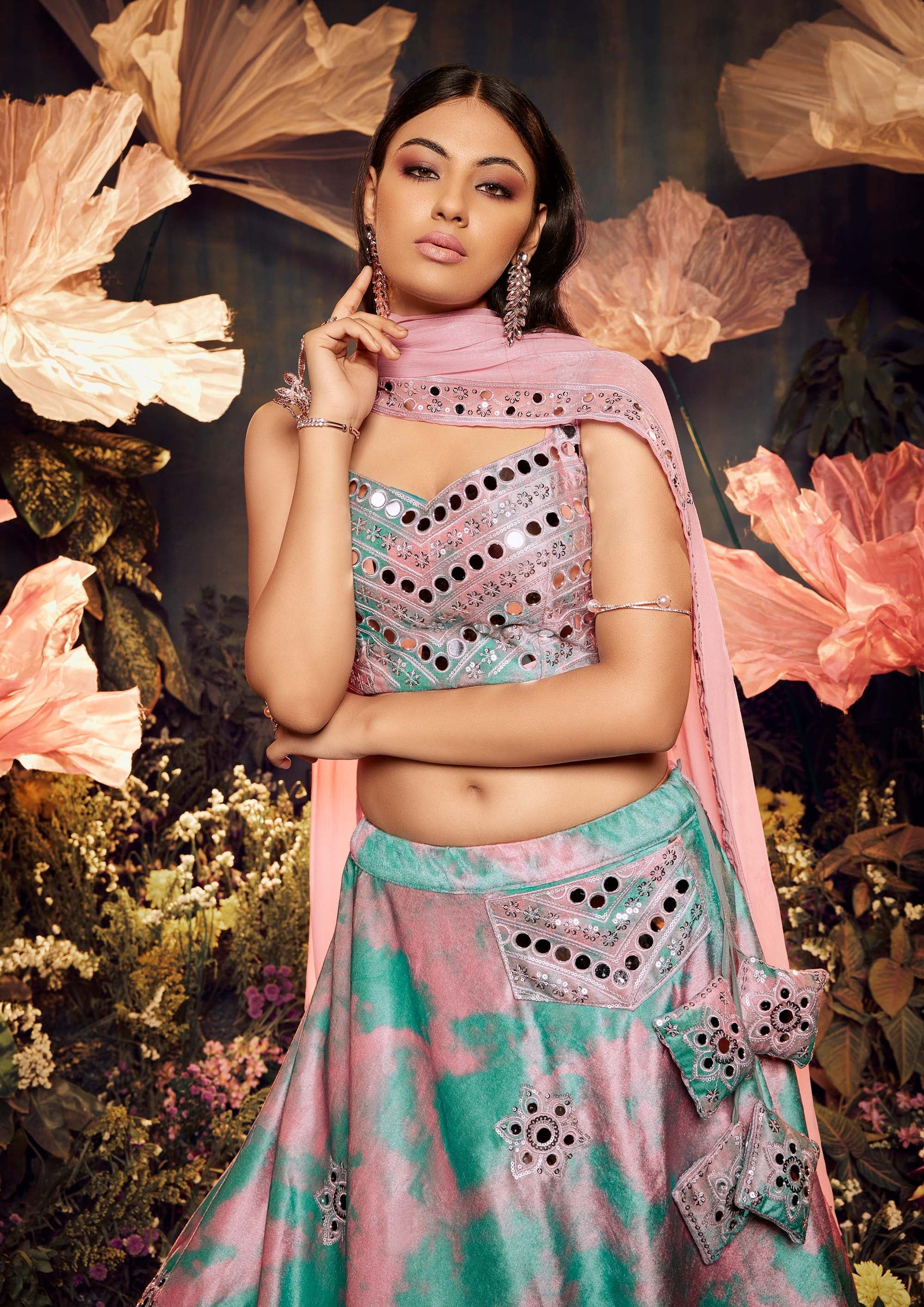 Dusty Pink Velvet Sequence Work Lehenga for Cocktail