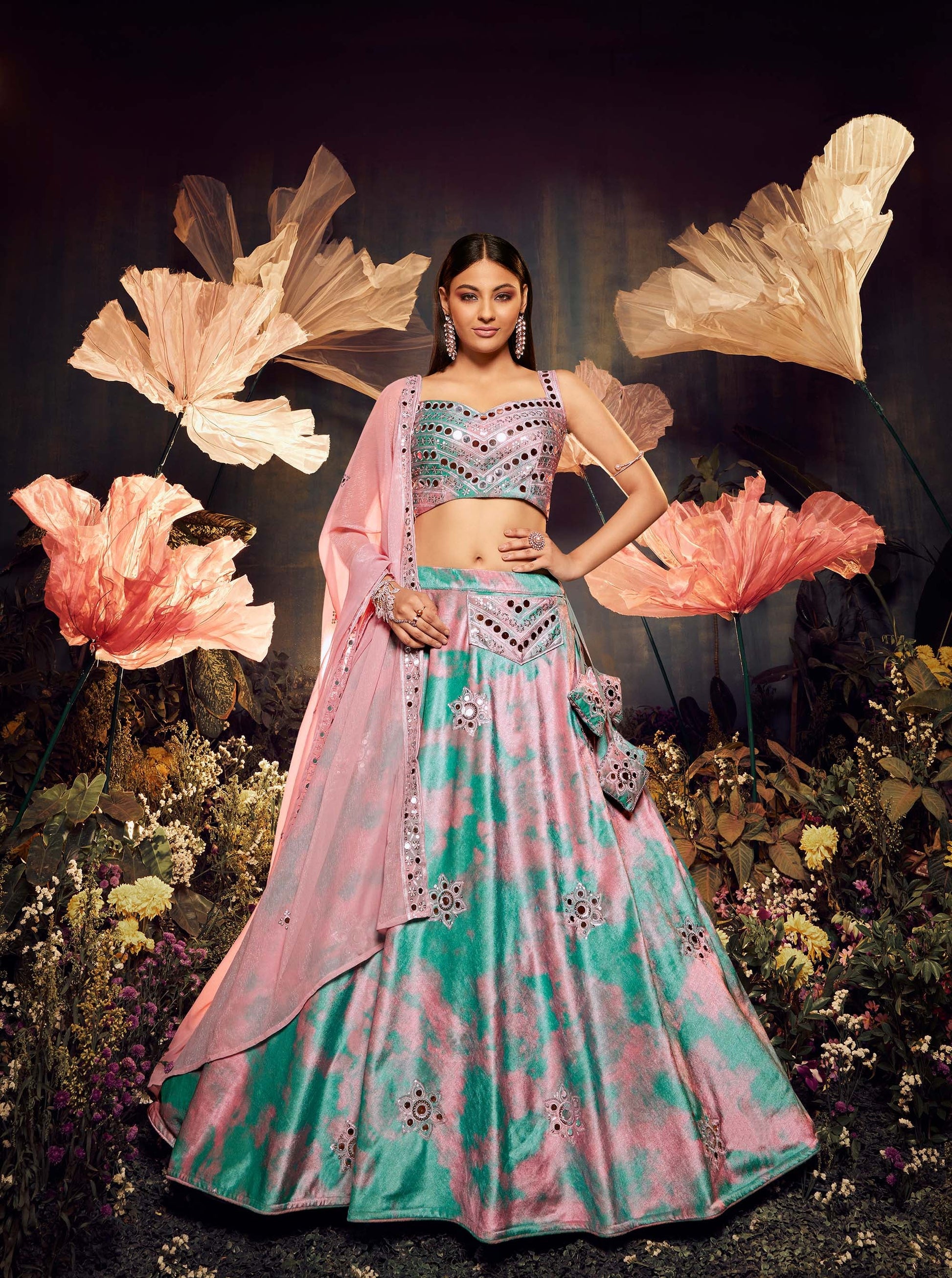 Dusty Pink Velvet Sequence Work Lehenga for Cocktail