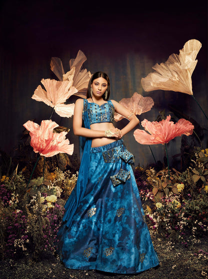 Dark Blue Velvet Sequence Work Lehenga for Cocktail