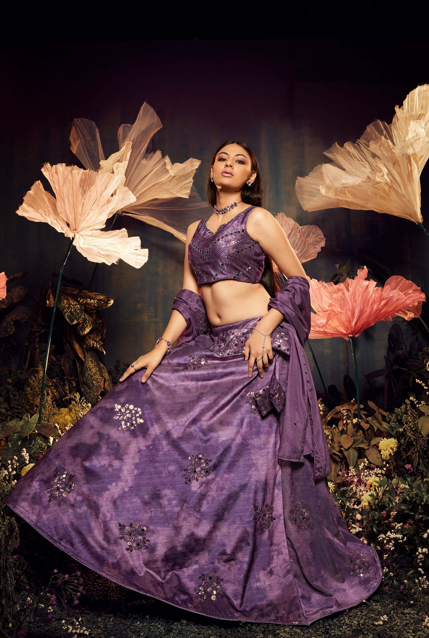 Purple Velvet Sequence Work Lehenga for Cocktail