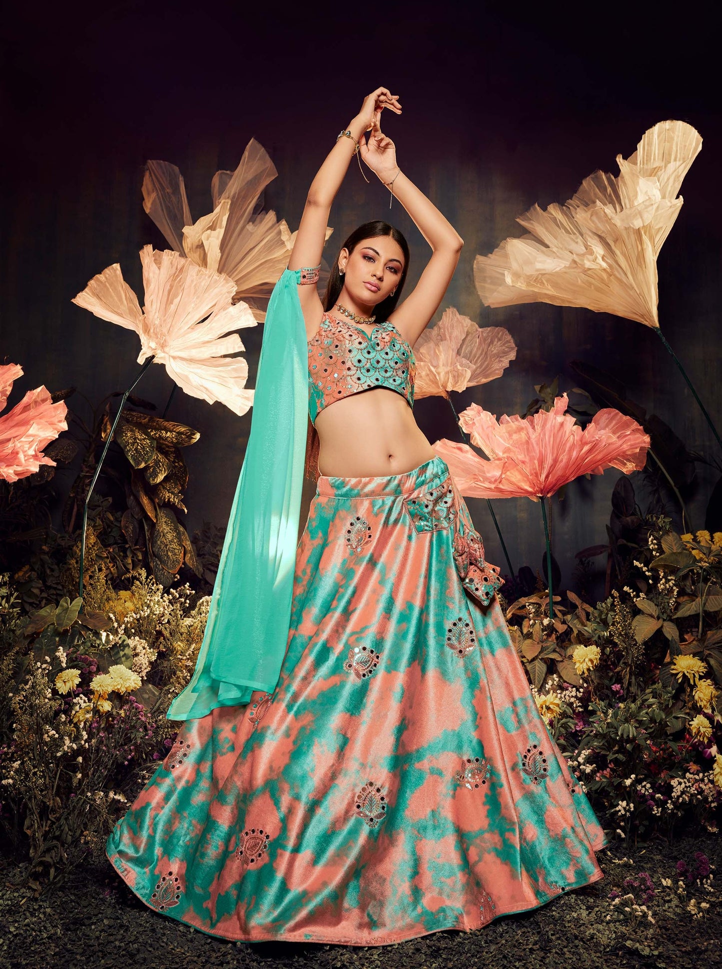 Turquoise Orange Velvet Sequence Work Lehenga for Cocktail