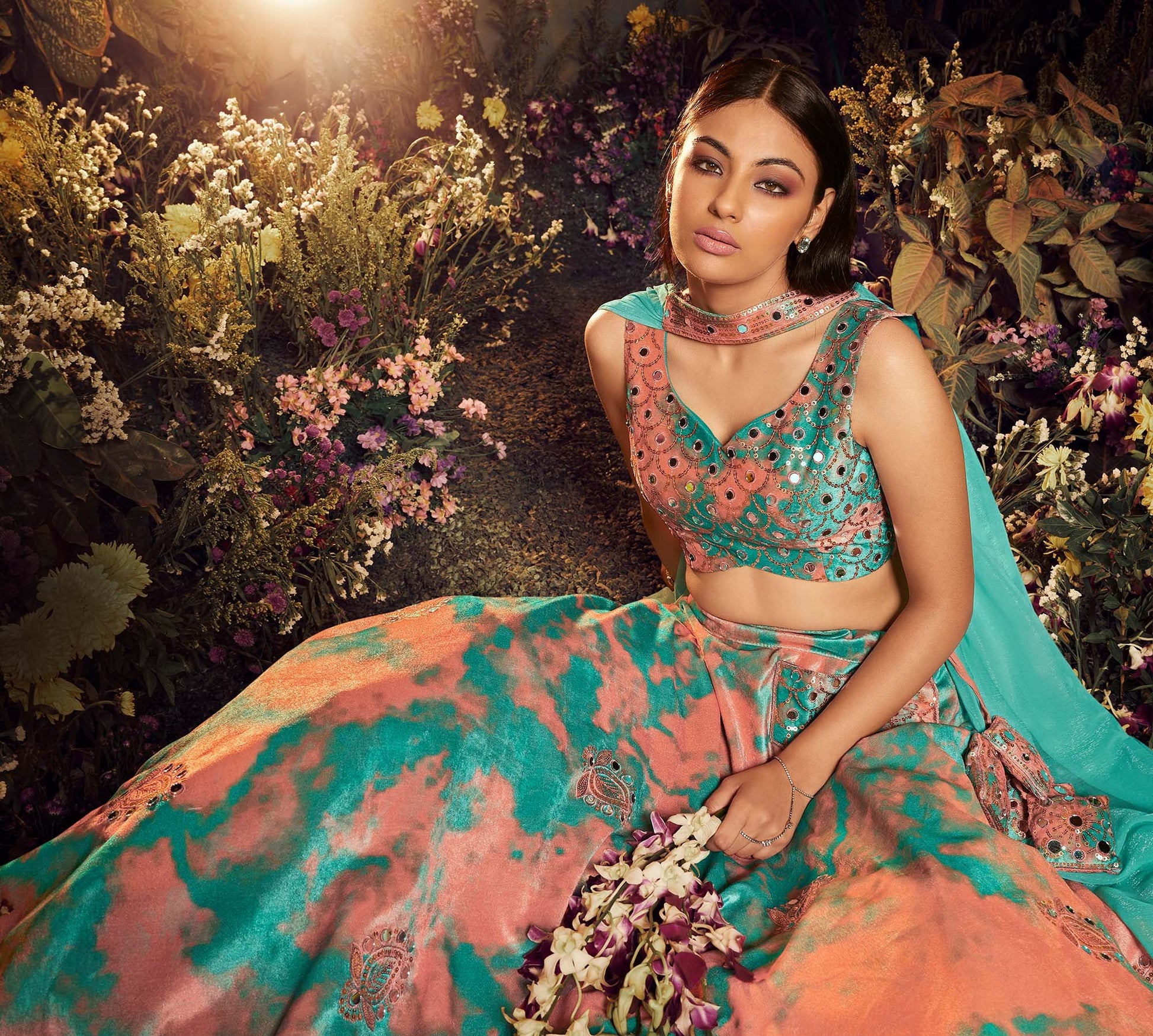 Turquoise Orange Velvet Sequence Work Lehenga for Cocktail