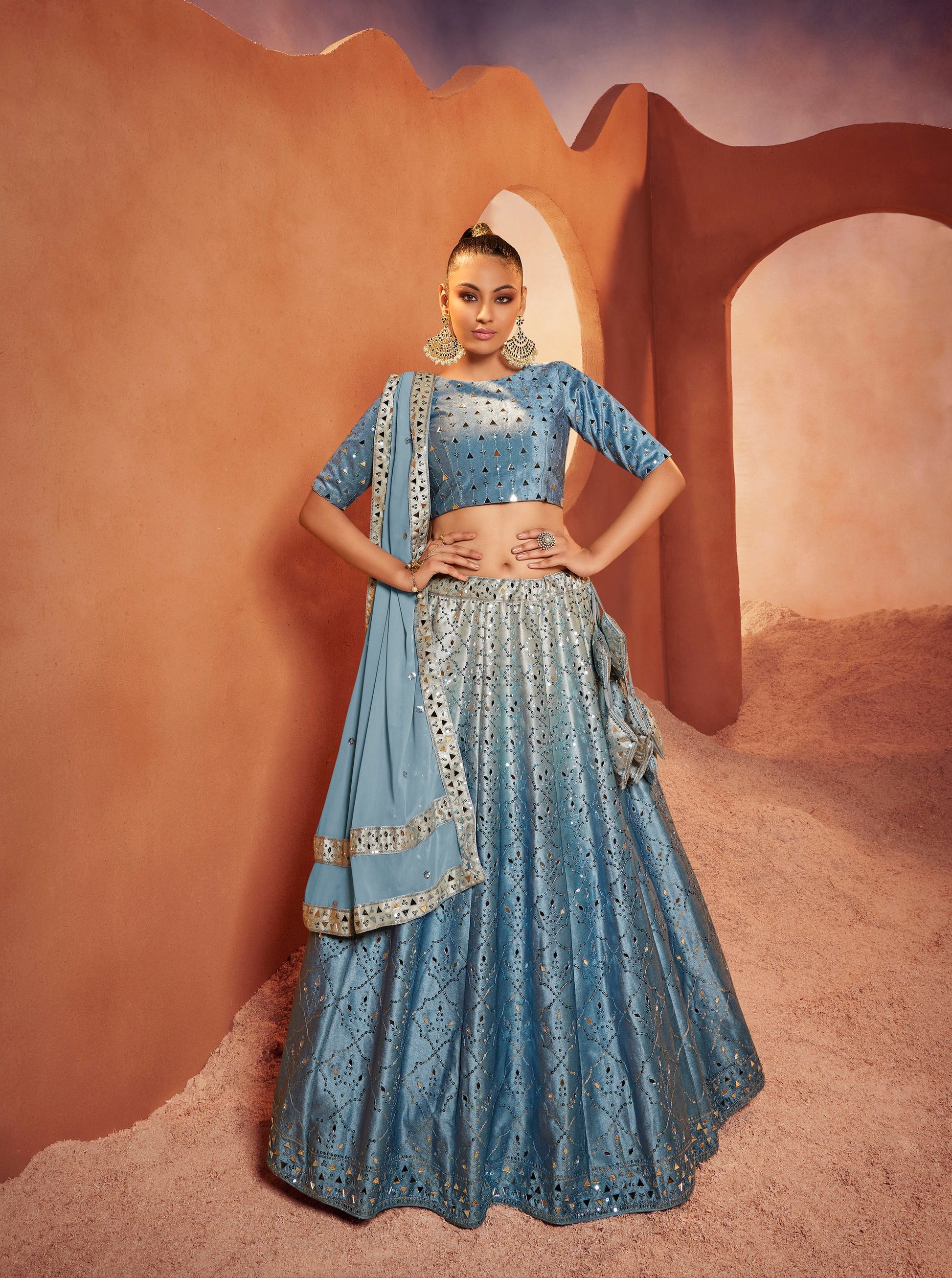 Blue Shaded Velvet Sequence Work Lehenga