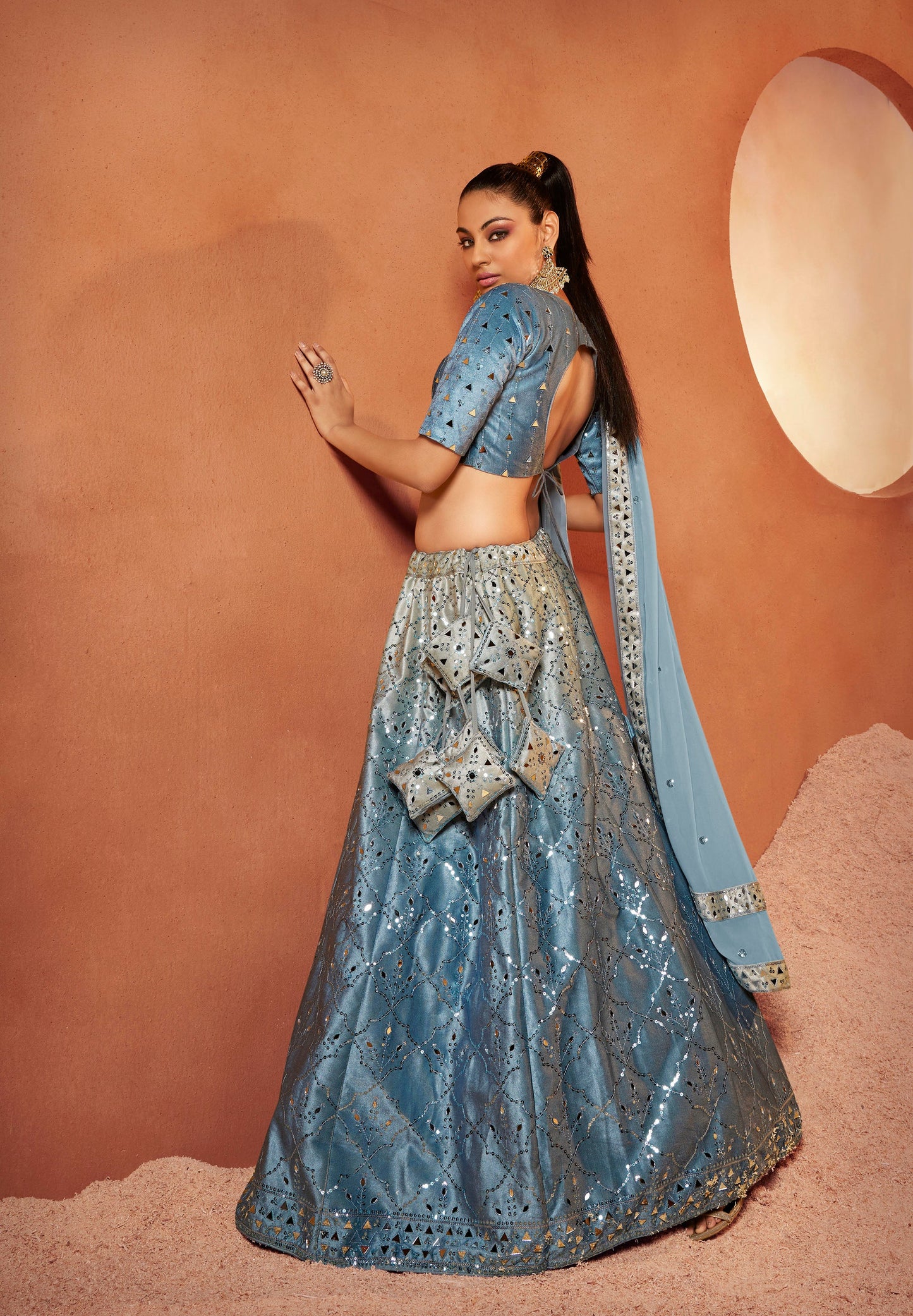 Blue Shaded Velvet Sequence Work Lehenga