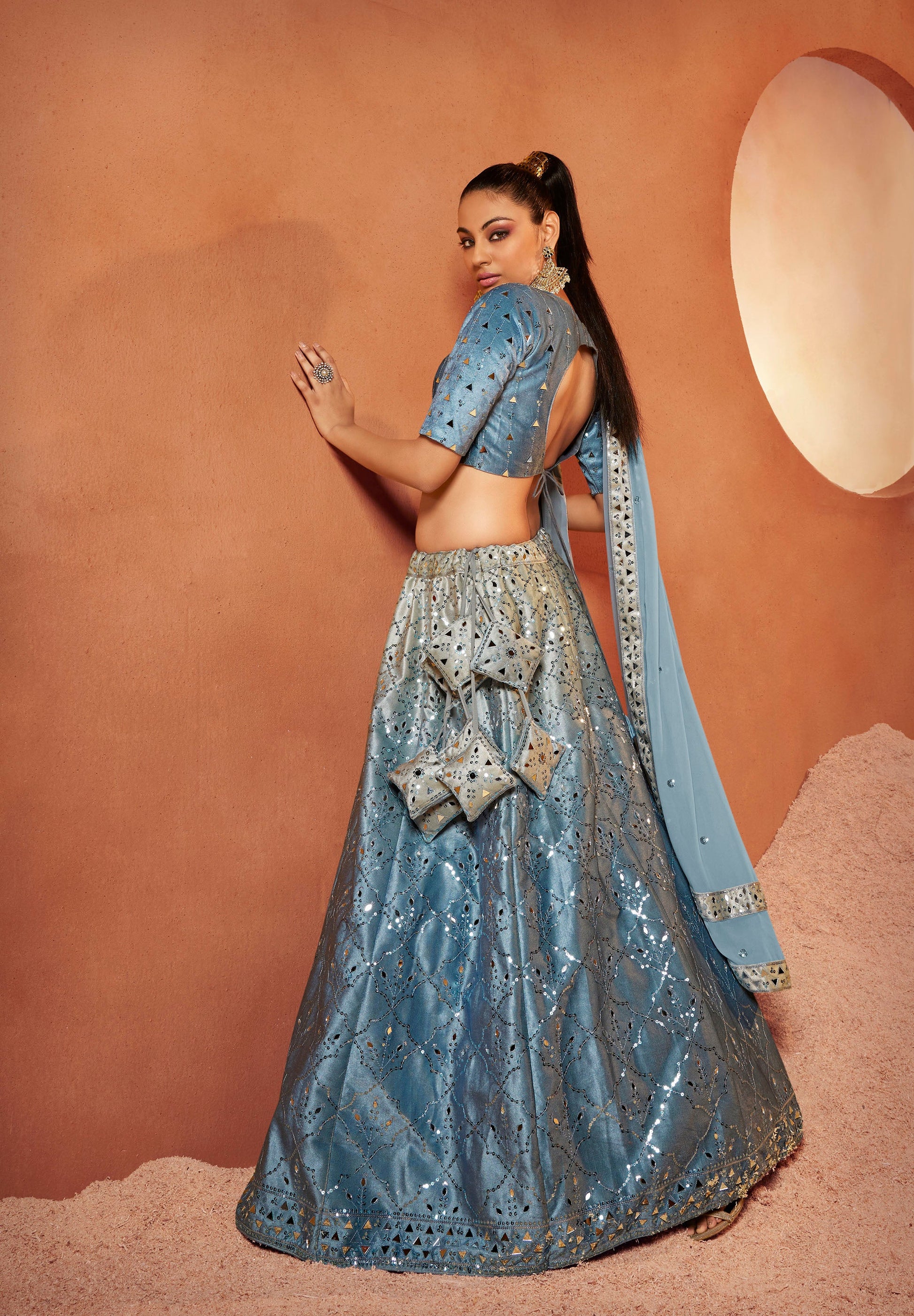 Blue Shaded Velvet Sequence Work Lehenga