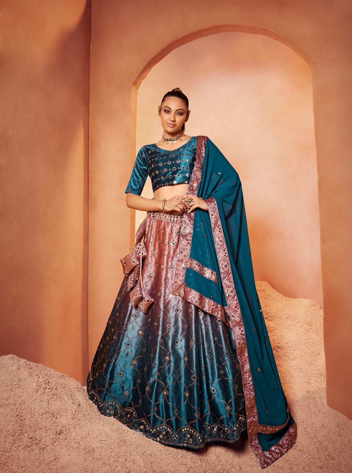 Teal Blue Velvet Sequence Work Lehenga