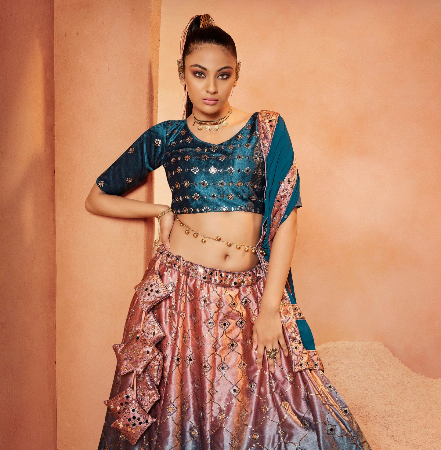 Teal Blue Velvet Sequence Work Lehenga