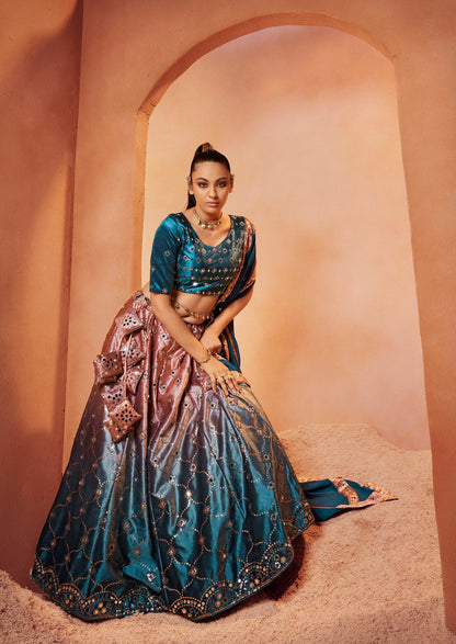 Teal Blue Velvet Sequence Work Lehenga