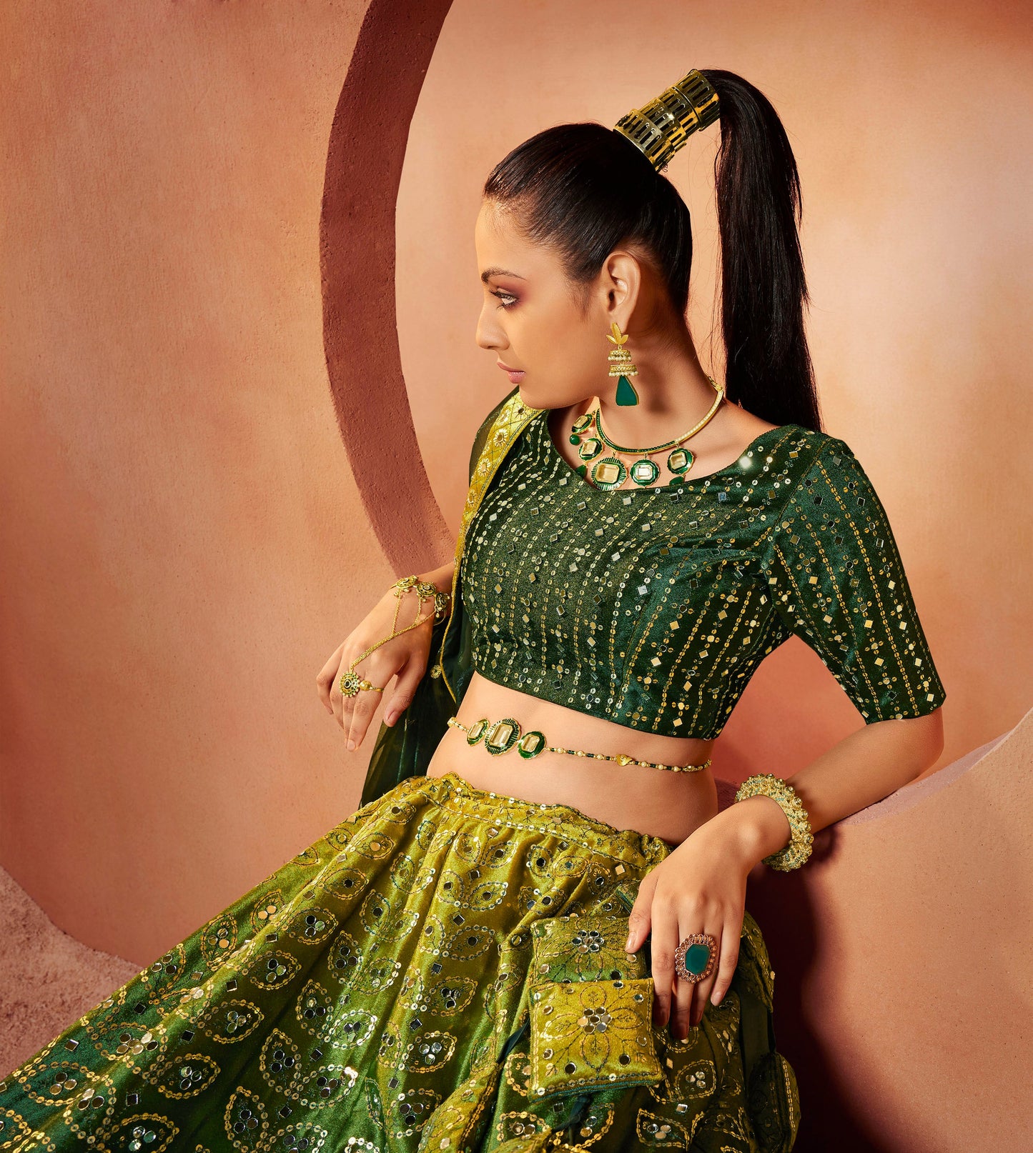 Green Shaded Velvet Sequence Work Lehenga