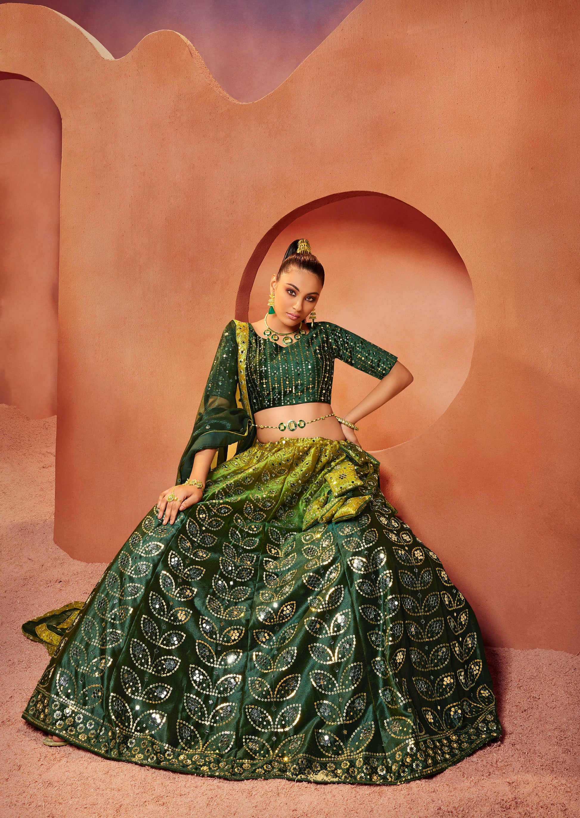 Green Shaded Velvet Sequence Work Lehenga