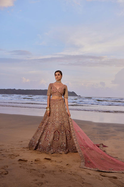 Mahavir Machine Embroidered Net, Silk Pink Bridal lehenga