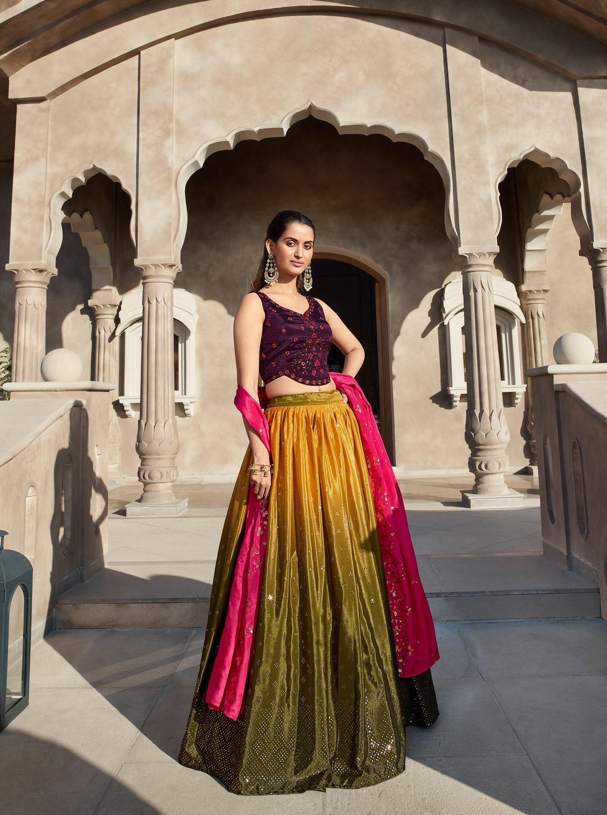 Mustard Olive Sequins and Mirror Work Georgette Bridesmaid Lehenga