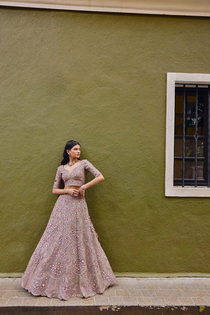 Mahavir Machine Embroidered Net Pink Bridal lehenga