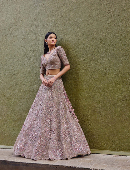 Mahavir Machine Embroidered Net Pink Bridal lehenga