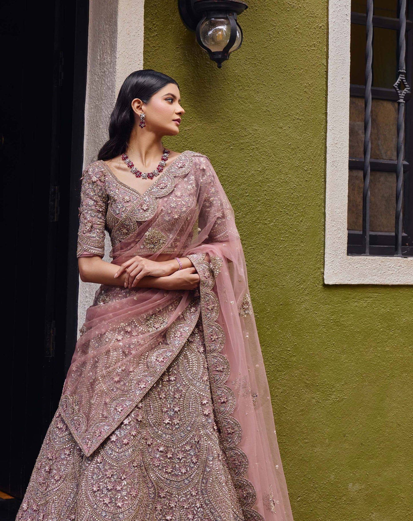 Mahavir Machine Embroidered Net Pink Bridal lehenga