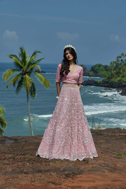 Mahavir Machine Embroidered Net Pink Bridal lehenga