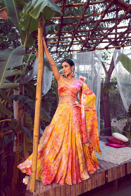 Orange Silk Printed Party Wear Lehenga Choli