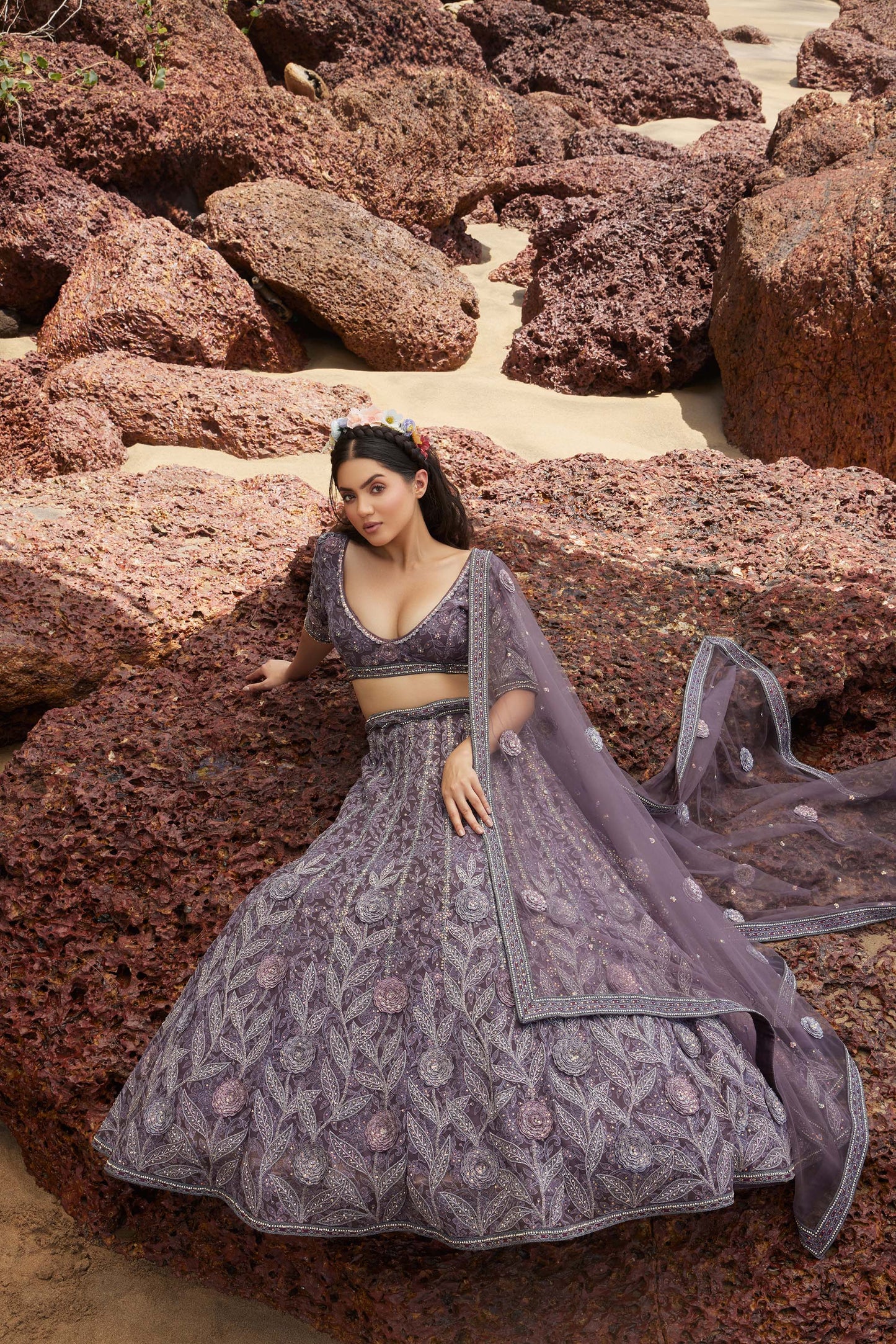 Mahavir Machine Embroidered Net Mauve Bridal lehenga