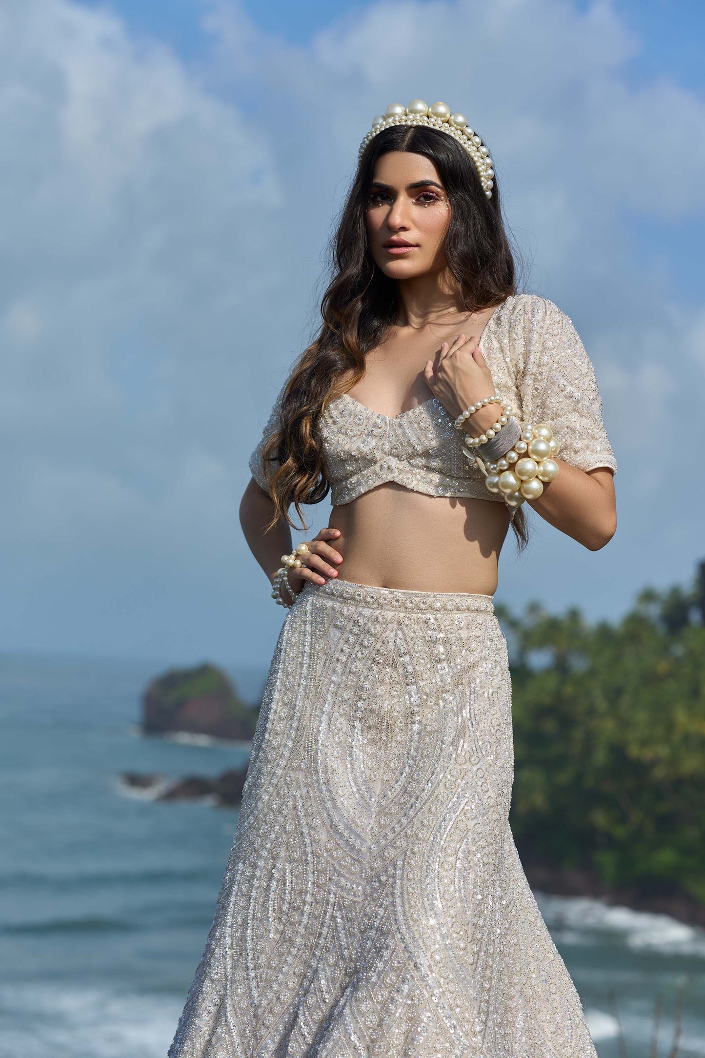 Mahavir Machine Embroidered Net White Reception lehenga