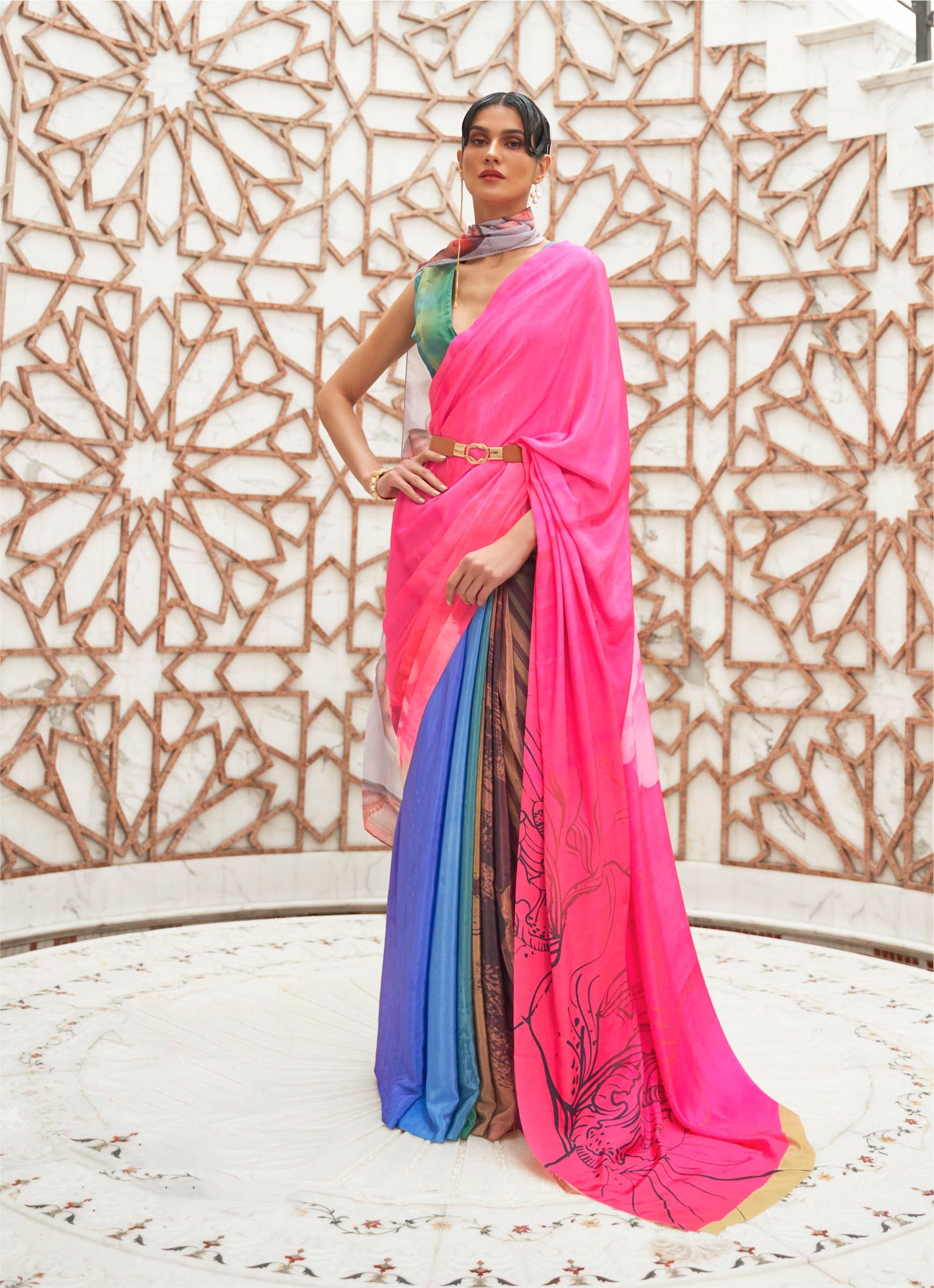 Pink Digital Print Crepe Silk Saree