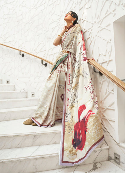 Off-White Digital Print Crepe Silk Saree