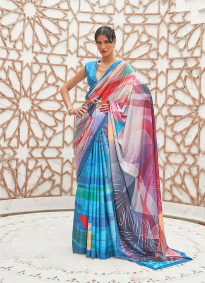 Blue Digital Print Crepe Silk Saree