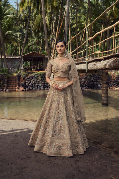 Mahavir Machine Embroidered Net Light Golden Bridal lehenga