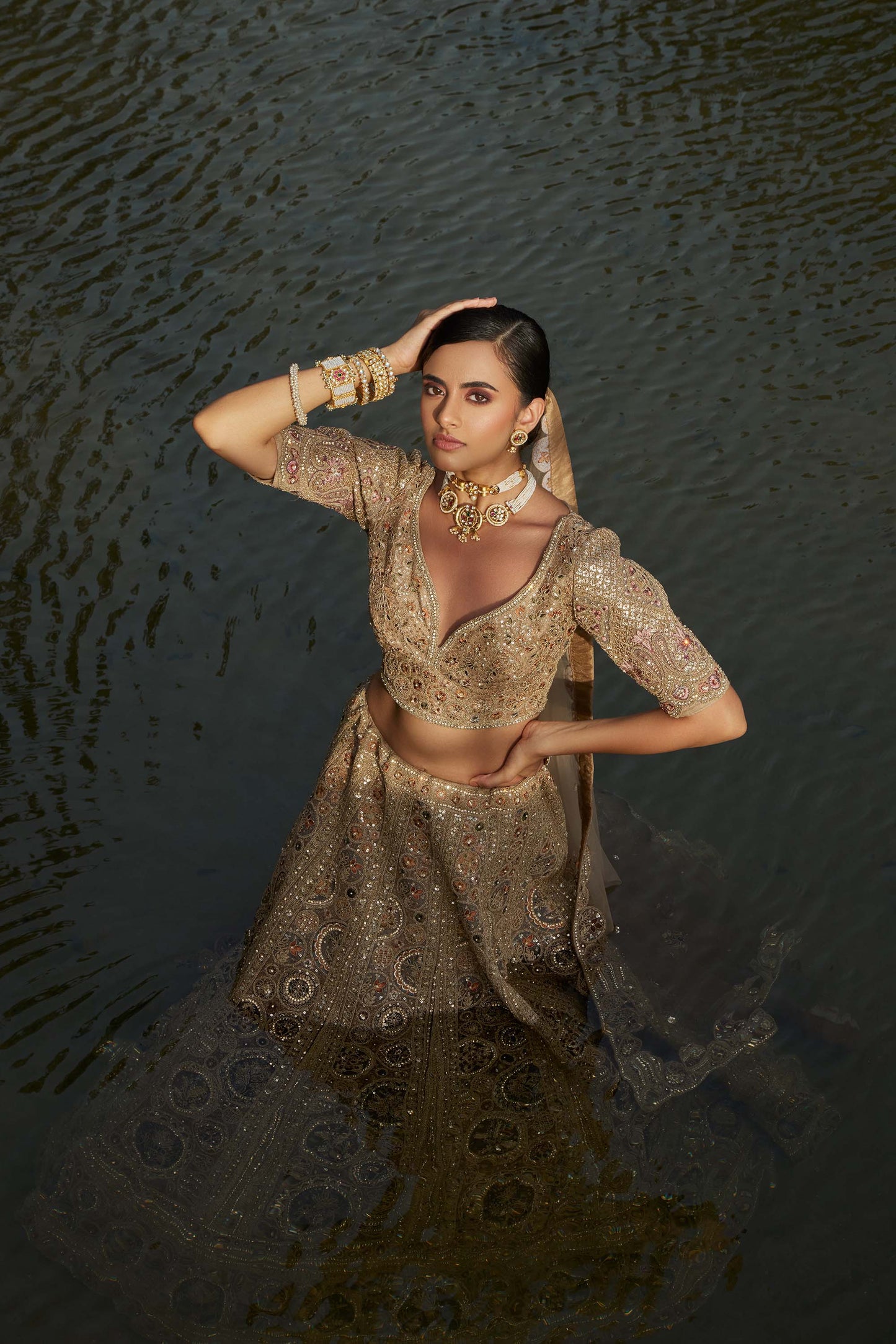 Mahavir Machine Embroidered Net Light Golden Bridal lehenga